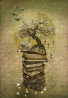 a tree is growing out of a pile of books on top of each other with butterflies flying around it