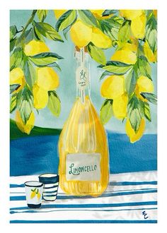 a painting of lemons and a bottle of wine