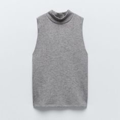 Sleeveless High Neck Top. Gray Sleeveless Fall Tank Top, Gray Sleeveless Tank Top For Fall, Gray Tank Top For Fall, Zara Gray Summer Top, Zara Stretch Tank Top For Fall, Zara Sleeveless Vest For Fall, Zara Casual Sleeveless Sweater Vest, Casual Sleeveless Sweater Vest By Zara, Zara Sleeveless Tops For Fall