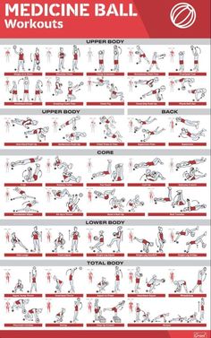 the medicine ball workout poster is shown in red and white