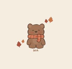 Bear with a scarf and some leaves Art Sketches On Ipad, Fall Items Drawing, Autumn Bear Illustration, Cute Easy Bear Drawing, Fall Drawing Wallpaper, Fall Stuff To Draw, Cute Fall Art Drawings, Fluffy Bear Drawing, Fall Cute Illustration