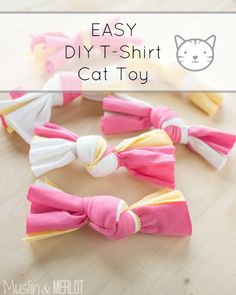 an easy diy t - shirt cat toy made out of fabric bows and yarn