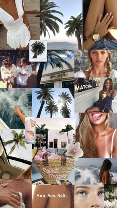 the collage shows many different pictures and people in white outfits, including palm trees