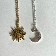 A set of two necklaces! One in gold with a sun charm and one in silver with a moon charm Sun And Moon Accessories, Moon And Sun Jewelry, Oliver Core, Swaggy Fits, 90s Whimsigoth, Sun And Moon Necklace, Matching Jewellery, Two Necklaces, Sun Charm