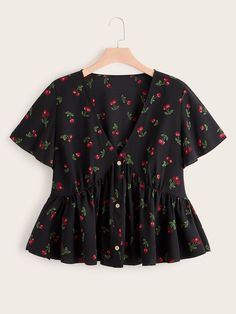 Plus Cherry Print Button Front Peplum Blouse for sale Australia | SHEIN Ruffle Hem Blouse, Trendy Dress Outfits, Fashion Tops Blouse, Blouse Sale, Trendy Fashion Tops, Hem Blouse, Cherry Print, Peplum Blouse, Plus Size Blouses