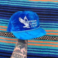 Vintage 1990's American Pride Co-Op Tie Dye Trucker Hat, Blue Eagle Snap Back Vintage Blue Adjustable Trucker Hat, Vintage Blue Snapback Baseball Cap, Vintage Blue Adjustable Baseball Cap, Vintage Adjustable Blue Baseball Cap, Vintage Blue Hat With Flat Brim, Blue 5-panel Summer Hats, Vintage Blue Flat Brim Hat, Vintage Blue Baseball Cap With Curved Brim, Blue Vintage Baseball Cap With Curved Brim