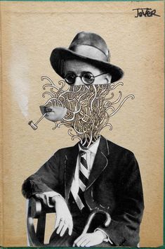 a drawing of a man wearing a hat and holding a pipe with noodles in it's mouth