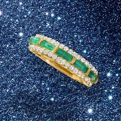 Ross-Simons - .80ct t. w. Emerald, .41ct t. w. Diamond Ring in 14kt Yellow Gold. Size 6. A gorgeous ring combines classic gemstones, creating a stunning design. Showcasing .80 ct. t. w. baguette emeralds bordered by dazzling .41 ct. t. w. diamonds in white rhodium. Set in polished 14kt yellow gold. 3/16" wide. Diamond and emerald ring. Emerald birthstones are the perfect gift for May birthdays. Luxury Channel Set Emerald Ring For Anniversary, Diamond Emerald Ring With Pave Setting, Luxury Formal Emerald Ring With Channel Set, Elegant Yellow Gold Emerald Ring With Channel Set, Luxury Channel Set Emerald Ring For Formal Occasions, Emerald Diamond Ring With Pave Setting, Luxury Yellow Gold Half Eternity Emerald Ring, Yellow Gold Emerald Ring With Half Eternity Style, Dazzling Yellow Gold Diamond Ring With Channel Set