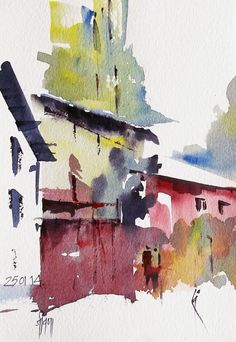 watercolor painting of a red building with trees in the background