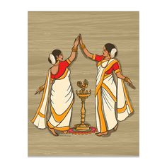 two women in white and orange sari dancing with their hands up to each other