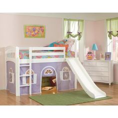 a child's bed with a slide in front of it