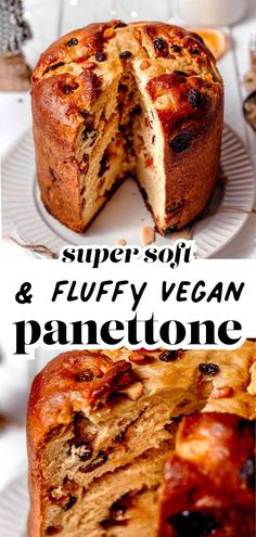 a cake that has been cut in half and is on a plate with the words super - soft and fluffy vegan panettone