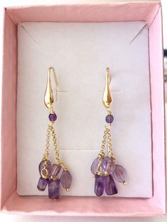 Goldplated silver earrings with amethyst. Handmade in Italy Amethyst Dangle Earrings For Jewelry Making, Elegant Amethyst Chandelier Earrings For Gift, Gold Amethyst Long Drop Earrings, Lavender Amethyst Earrings, Purple Amethyst Long Drop Earrings, Amethyst Briolette Earrings Gift, Lavender Amethyst Drop Earrings, Long Drop Amethyst Earrings In Purple, Purple Gemstone Long Drop Earrings