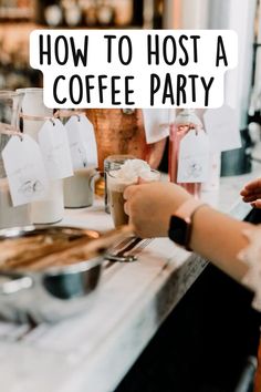 a woman is serving coffee to another person at a table with the words how to host a coffee party