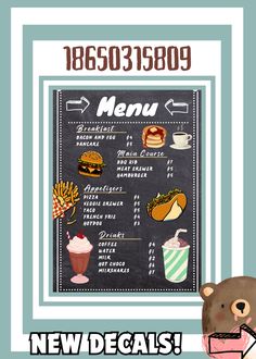 a menu for a restaurant with an image of a teddy bear and other food items