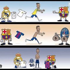 three cartoon images depicting different sports teams and their mascots, with one man holding a bag