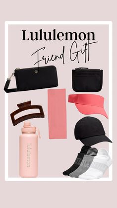 a collage of items including a hat, sunglasses and water bottle with the words lulemon friend gift on it