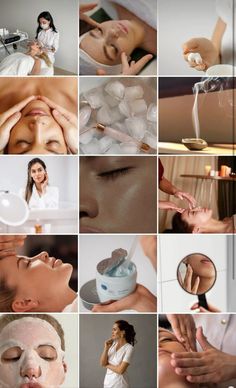 a collage of photos showing different types of facial care products and women's faces