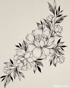 a black and white drawing of flowers on a wall