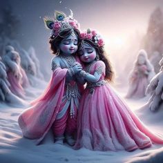 two dolls are hugging in the snow