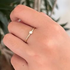 a woman's hand holding a gold ring with a white diamond on it and a plant in the background