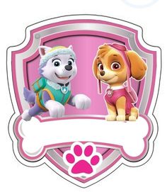 the paw patrol logo with two puppies in front of a pink shield and white banner