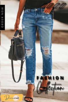 Street Solid Tassel Ripped Bottoms Distressed Pants, Moda Chic, Outfit Jeans, Jacket Outfit, Jeans Diy, Puff Sleeve Dresses, Jeans Bootcut, Washed Jeans, Outfit Casual