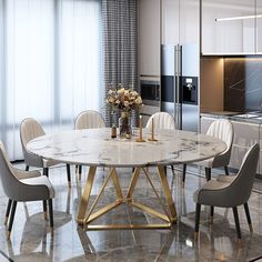 a marble dining table surrounded by chairs in a room with white walls and flooring