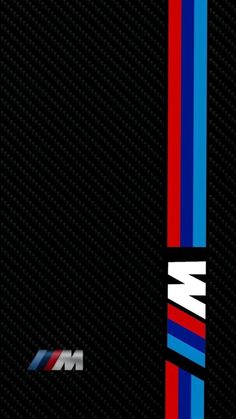 the bmw logo is shown on a black background with red, white and blue stripes