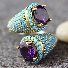 Gothic Turquoise Beaded Amethyst Gold Ring - AtPerry's Healing Crystals Ring Party Jewelry, Purple Rings, Carved Ring, Zircon Jewelry, Amethyst Gold, Estilo Punk, Men's Jewelry Rings, Amethyst Beads, Jewelry Wedding