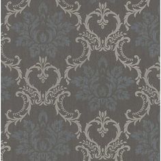 a gray and blue wallpaper with an ornate design