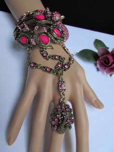 Women Gold Metal Fashion Hand Chain Peacock Hot Pink Beads Bracelet Slave Ring… Palm Cuff, Full Finger Rings, Leaf Flower, Metal Fashion, Bracelet Fashion, Stretch Band, Hand Chain, Finger Rings, Pink Beads