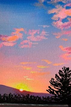 a painting of the sun setting over mountains