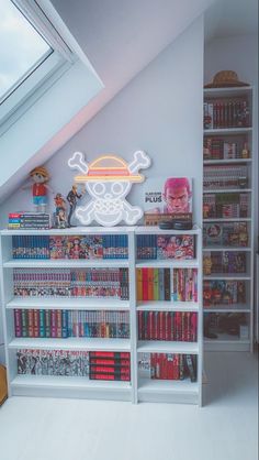 One Piece Manga Book Collection, Anime Inspired Living Room, One Piece Anime Decor, Berserk Manga Collection, One Piece Manga Shelf, Anime Collection Display, Manga Storage Ideas, One Piece Room Decor Anime, Manga Display Ideas