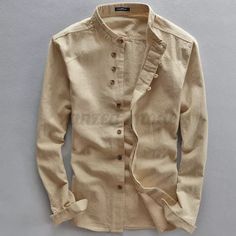 Men's Linen Style Long Sleeve Solid Shirts Casual Fit Formal Dress Top Tee Shirt | eBay Casual Stand Collar Top With Placket, Casual Tops With Stand Collar And Placket, Casual Top With Stand Collar And Placket, Classic Cotton Shirt With Stand Collar, Khaki Cotton Top With Casual Collar, Casual Stand Collar Top With Buttons, Casual Tops With Buttons And Stand Collar, Long Sleeve Cotton Tops With Placket, Long Sleeve Cotton Top With Placket