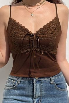 Cami Tank Top Outfits Y2k, Lacey Tank Outfit, Lacy Cami Top, Brown Spaghetti Strap Top, Lace Tops Y2k, 90s Tops Women Vintage, Vintage Tank Top Outfit, Cami Outfit Aesthetic, Lace Cami Top Outfit Y2k