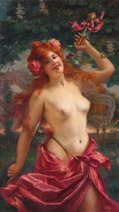 a painting of a naked woman with flowers in her hair and holding a flower branch