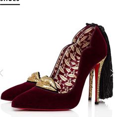 Absolutely Stunning! Limiter Edition, Sold Out Everywhere! The Heel Is Embellished With Gems, Luscious Velvet Burgundy Shoe Features Swarovski Crystal Lips! Wow! New In Box With Dusters! Size 39.5, They Run Small And Will Fit A 8.5-9 Best. Red Soul Shoes Christian Louboutin, Elegant High Heel Tassels Heels, Elegant High Heels With Tassels, Elegant Evening Heels With Tassels, Elegant Tasseled Heels For Evening, Chic Evening Heels With Tassels, Elegant High Heel Fringe Heels, Elegant Party Heels With Tassels, Elegant Fringe High Heels