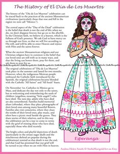 the history of el dia de los muertos with an image of a woman in mexican dress