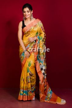 Presenting an authentic hand painted Tussar Kalamkari Saree with blouse piece. The beautiful kalamkari painting has been done on high quality Pure Zari Tussar Silk, so that the saree gets vibrant look with longevity. The design work is not kalamakri print, but original hand painting done by our skilled artisans. You'll definitely feel the elegance and comfort of this Zari Border Kalamkari Tussar Silk Saree. Please note, this saree is having exclusive Zari Check on the whole body which will give you a latest trendy look. Saree Length : 5.5 Mtr BP Length : 1 Mtr approx Weight : 415 gm approx Design : Hand Painted Kalamkari The fabric is Bishnupuri Pure Tussar Silk - Silk Mark Certified.  Dry Clean recommended. -------------------------------- We regularly upload new premium products for you. Slub Silk Blouse Piece With Kalamkari Print, Artistic Saree With Zari Work, Yellow Silk Saree With Kalamkari Print, Yellow Bohemian Traditional Wear With Kalamkari Print, Bohemian Yellow Kalamkari Traditional Wear, Bohemian Yellow Traditional Wear With Kalamkari Print, Yellow Kalamkari Print Blouse Piece For Navratri, Yellow Kalamkari Blouse Piece For Navratri, Artistic Kalamkari Print Saree