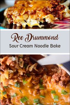 two pictures with different types of food and the words, re - drumming sour cream noodle bake