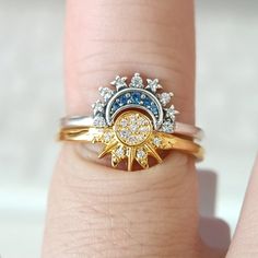 Astral Jewelry, Sun Ring, Packing Gift, Celestial Blue, Metal Clay Jewelry, Moon Ring, Bling Rings, Jewelry Outfit