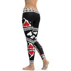 Keep calm as hold all the cards while you have the Gearbunch Queen of Hearts Leggings on. Wear this fun stylish garment in a vibrant black, white, red and yellow playing card design if you want to rule the fashion world and show off your fun and confident style. Prepare to be amazed by the incredible comfort you will experience when you wrap your legs up in these luxuriously soft bottoms. Pair these cool looking leggings with a black blouse and heel booties for a classy chic look that is great f Playing Card Design, Playing Cards Design, Confident Style, Dinner With Friends, Classy Chic, Fashion World, Red And Yellow, Playing Card, Queen Of Hearts