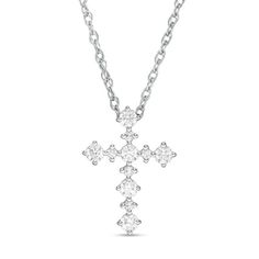 A simple expression of faith, this diamond cross necklace is a look she'll wear day after day. Crafted in cool 10K white gold, this beautiful choice showcases sparkling 1/20 ct. and petite diamonds alternating along a cross shape. Captivating with 1/3 ct. t.w. of diamonds and a bright polished shine, this pendant suspends along an 18.0-inch rope chain that secures with a spring-ring clasp. Diamond Cross Necklace, Cross Shape, Peoples Jewellers, Necklace Clasps, Phone Stuff, Diamond Cross Pendants, Diamond Cross, Cross Jewelry, Silver Cross