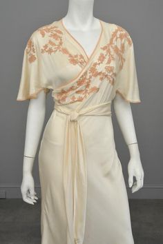 1930s Silk Embroidered Wrap Nightgown Dress w Kimono Style Flutter Sleeves Most Beautiful Gowns, Don't Procrastinate, Jazz Age Lawn Party, 1930's Dresses, Nightgown Dress, Satin Gowns, Embroidered Dresses, Character Costume, Lawn Party