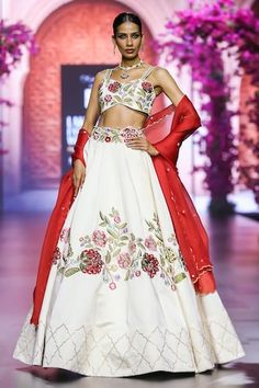 White attached cancan lehenga with placement floral bloom embroidery. Paired with a padded blouse with floral embroidery work and dupatta. - Aza Fashions Bohemian Lehenga With Floral Embroidery, White Wedding Lehenga With Floral Embroidery, Cream Bollywood Lehenga With Floral Embroidery, White Floral Embroidered Wedding Choli, Luxury White Floral Print Lehenga, Bloom Embroidery, Cancan Lehenga, Satin Embroidery, Padded Blouse