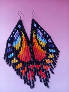 Bohemian Butterfly Beaded Jewelry, Bohemian Butterfly Shaped Beaded Jewelry, Bohemian Adjustable Butterfly Earrings, Handmade Multicolor Butterfly Earrings, Festival Multicolor Beaded Fringe Chandelier Earrings, Bohemian Rainbow Beaded Earrings With Fringe, Beaded Butterfly Earrings, Beaded Rainbow, Beaded Butterfly