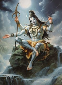 the hindu god sitting on top of a rock with his hands up in the air