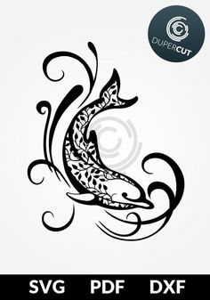 an ornamental fish with swirls and waves on it's body is shown in black ink