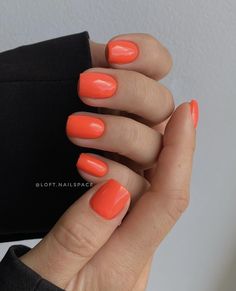 Bright Short Gel Nails, Summer Time Nails Colors, Bright Nail Color Ideas, Short Bright Nails, Orange Square Nails, Petite Nails, Gel Fake Nails, Fresh Manicure, Nails Solid